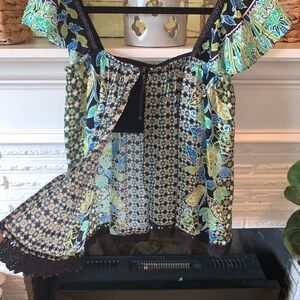 Hale Bob Multi-Print Boho Open Back Flutter Sleeve Top Crochet Hem Size S